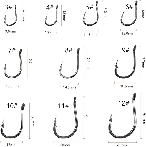 Amo da Pesca, 300 Pz Ami da Pesca in 10 Dimensioni, Amo da Pesca Occhiello, Ganci Spinato, Ami da Pesca in Acciaio al Carbonio con Scatola di Plastica, 3# - 12# - Ysert