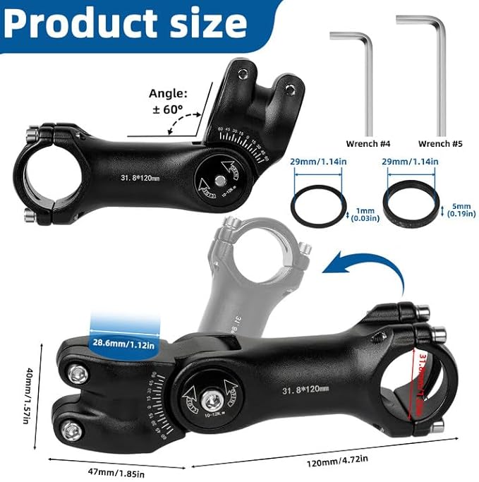 SUPRBIRD Biciclette Gambi Regolabile ±60° Attacco Manubrio Bici Lega di Alluminio per Manubrio da 31.8mm*120mm,Pipa Manubrio Bici Corsa Attacco Manubrio MTB,per Bici da Strada, MTB, BMX, Ciclismo - Ysert