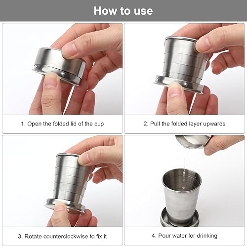 ZMDMAH 2 bicchieri pieghevoli in acciaio inox da 75 ml, pieghevoli, per esterni, in acciaio inox, con coperchio, da campeggio, con posate in acciaio inox (coltello, forchetta, piano di riso) - Ysert