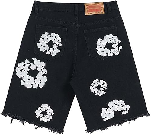 Denim Tears Cotton Blu Bianco Nero Jeans,Tuta retrò Sportiva Pantaloncini da Uomo,con Stampa in Schiuma,Denim Tears Estiva Corta Pantaloncini,Casual Unisex Denim Corti Pantaloni(Nero,M) - Ysert