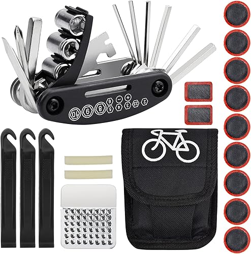 Kit di riparazione per bicicletta, 16 in 1, strumento di riparazione per biciclette, strumento multiuso, kit di riparazione pneumatici per biciclette, con borsa per adesivi per bicicletta e - Ysert