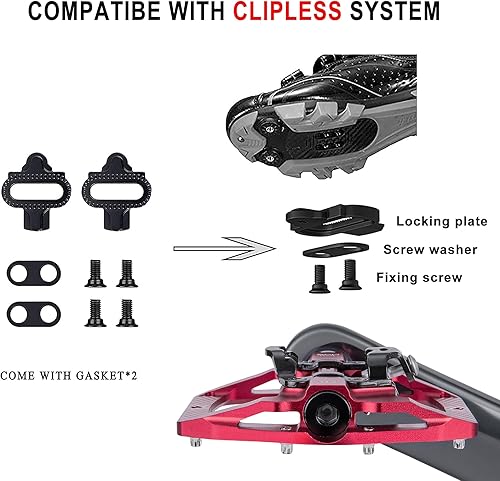 CXWXC Pedali Clic per bicicletta e piatti con 3 cuscinetti sigillati, lega di alluminio da 9/16 pollici, antiscivolo, piattaforma larga, pedali a scatto per MTB o bici da strada (rosso, M) - Ysert