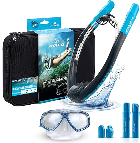 AMEO POWERBREATHER Beach Plus - Boccaglio ad aria fresca - Dispositivo di allenamento per piscina e acque libere per adulti e bambini - Set da snorkeling con sistema a valvola intelligente - Ysert