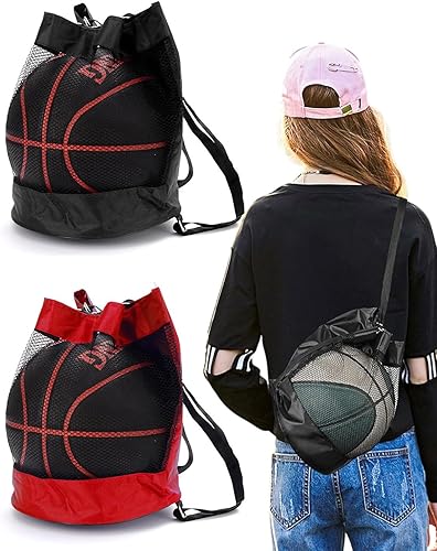 Borsa da basket in 2 pezzi, borsa per palloni pieghevole con coulisse, zaino da calcio multifunzionale, rete da tennis/pallavolo portatile (rosso e nero) - Ysert