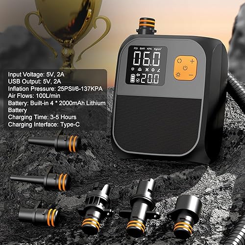 Pompa elettrica SUP da 25 PSI, pompa ad aria ad alta pressione, batteria da 8000 mAh con 6 ugelli e luce LED per barca gonfiabile, tavola da surf, materasso ad aria, galleggianti - Ysert