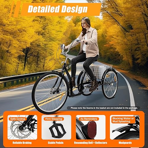 Triciclo da 26 pollici per adulti, triciclo da città a 6 marce, bicicletta per il tempo libero, triciciclo con cestino, ruote antiscivolo e resistenti all'usura, per shopping, viaggi, picnic - Ysert