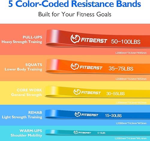 FitBeast Set di fasce di resistenza, 5 diversi livelli, con fibbia per porta e grip pad, ideale per pilates, allenamento, fisioterapia, stretching, yoga, ginnastica domestica (multicolore 5-100 LBS) - Ysert