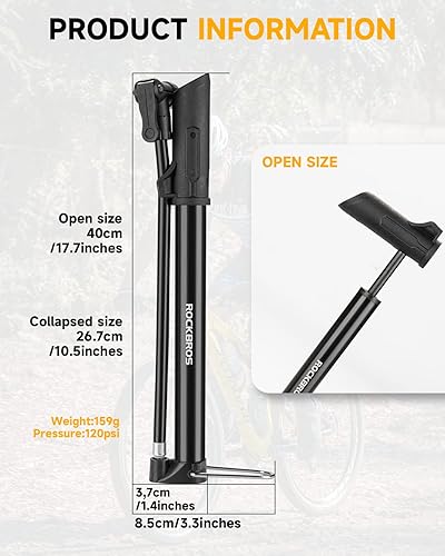 ROCKBROS Pompa da Pavimento Bici, Mini Pompa ad Pressione da 120 psi, Valvole Schrader & Presta, per MTB Bcicletta Palla Scooter Auto - Ysert