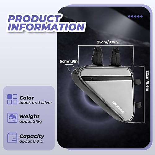 ROCKBROS Borsa Telaio Bici, Borsa da Telaio Triangolo, Borsa Triangolare Bicicletta, Borsa per Tubo, Riflettente Altamente, Ergonomico, capacità Pratica 0.9L, Borsello per Bici, MTB, Bici da Corsa - Ysert