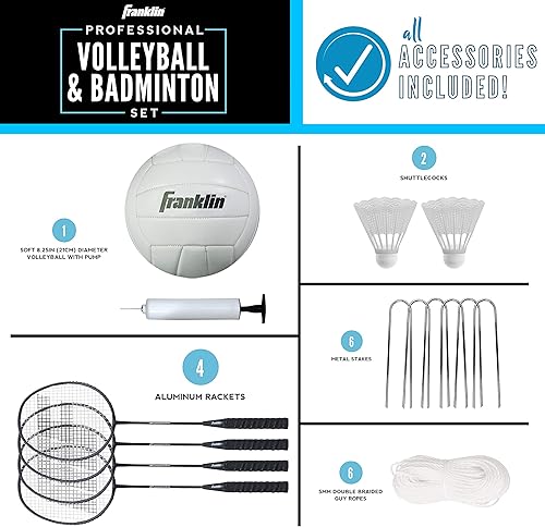 Franklin Sports - Set da pallavolo + Badminton, da Cortile + Beach Volley + Rete da Badminton con Racchette, Uccellini, pallavolo + Borsa Portatile - Ysert