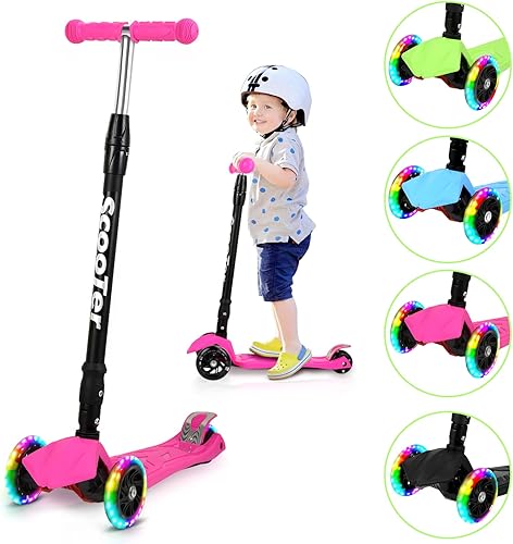 Monopattino pieghevole per bambini, con 3 ruote a LED e manubrio regolabile in altezza, freni posteriori, fino a 50 kg, per scooter bambini dai 3 ai 14 anni - Ysert