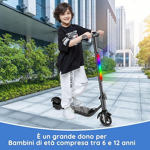 Monopattino elettrico per bambini 6-12 anni, motore 80W, velocità 6/12 km/h, autonomia 8 km, capacità 50 kg, display LED & luci arcobaleno, monopattino pieghevole per bambini - Ysert