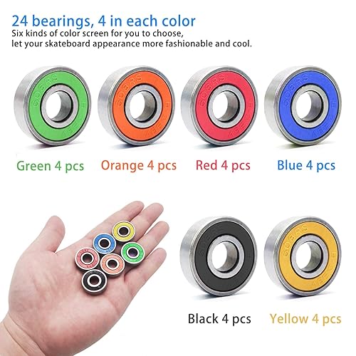 24 Cuscinetti per Skateboard 608RS, Ruote per Scooter ABEC-9, Cuscinetti di Ricambio in Metallo sigillati per Skateboard, Scooter e Pattini a rotelle (Nero, Blu, Rosso, Verde, Arancione, Giallo) - Ysert