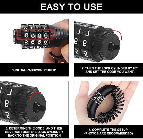 Lucchetto per bicicletta, 150 cm, 3,5 mm, 2 pezzi, in lega di zinco e PVC, con codice numerico a 4 cifre per casco da moto, casco da bicicletta, lucchetto da snowboard (nero) - Ysert