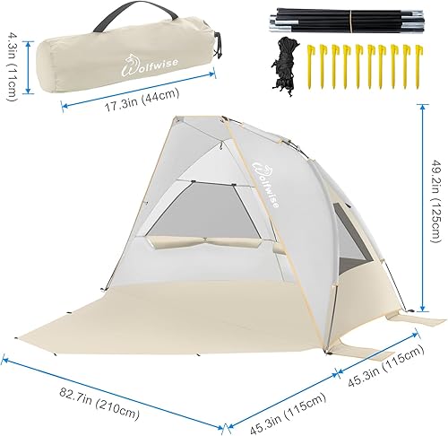 WolfWise Tenda da Spiaggia Portatile per 2-3 Persone UPF 50+ Tenda Parasole a con Pavimento Estensibile, Beige - Ysert