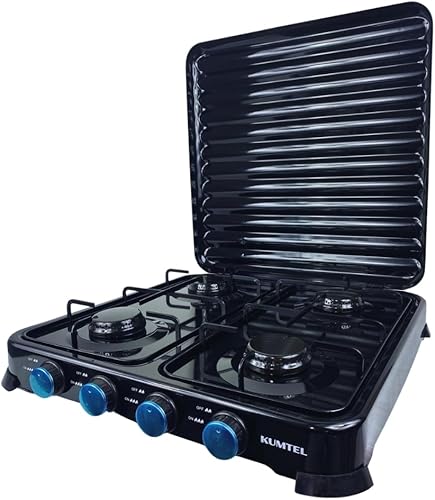 Piano cottura a Gas 4 fuochi, Fornello da Esterno con Copertura, Fornello a Gas da Campeggio con Manopole Indipendenti 52 x 50 x 8H cm Nero - Ysert