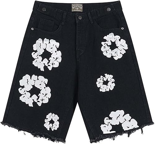 Denim Tears Cotton Blu Bianco Nero Jeans,Tuta retrò Sportiva Pantaloncini da Uomo,con Stampa in Schiuma,Denim Tears Estiva Corta Pantaloncini,Casual Unisex Denim Corti Pantaloni(Nero,M) - Ysert