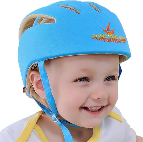 IULONEE Casco da Bambino Infantili Cappello di Testa di Cotone Cappello del Bambino Baby Helmet Regolabile di Sicurezza Casco Neonati (Stellato Blu) - Ysert