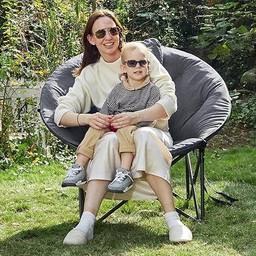 EVER ADVANCED Moonchair - Sedia pieghevole di lusso, XXL, 150 kg, rotonda, imbottita, con schienale alto, con cuscino, extra large, per esterni, giardino, balcone, interni, colore: grigio - Ysert