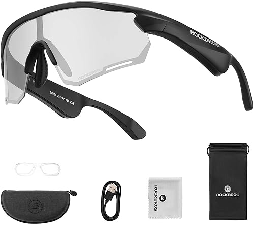 ROCKBROS Occhiali Intelligenti Bluetooth Bici, Occhiali da Sole con Apparecchi Acustici con Lenti Fotocromatiche Smart Glasses UV400 Open Ear Uomo Donna, per Bicicletta Corsa Guidare, Nero - Ysert