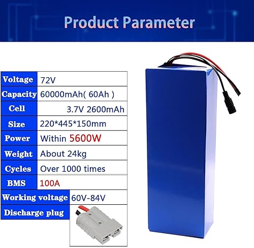 Batteria al Litio Ricaricabile Personalizzabile da 72 V 60 Ah, Pacco Batteria al Litio con Caricabatterie e BMS, Spina Anderson, per Motore da 1000 W a 5600 W - Ysert