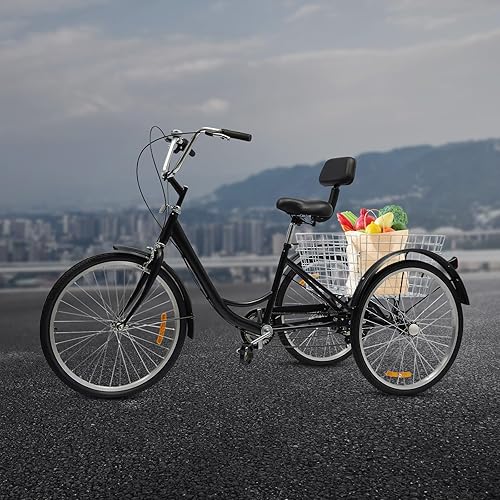 24 pollici triciclo per adulti, 6 marce 3 ruote Cruiser bicicletta con schienale e cestello, 3 ruote bicicletta regolabile per adulti per attività all'aperto - Ysert