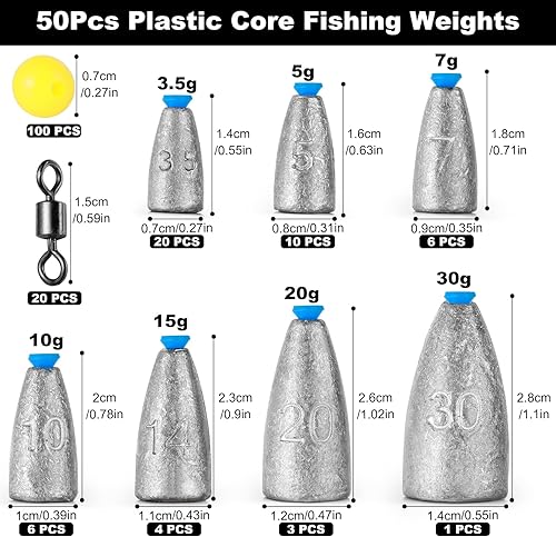 50 pesi da pesca a proiettile con anima in plastica, 100 perline, 20 girevoli, in ferro, 3,5 g, 5 g, 7 g, 10 g, 14 g, 20 g, 30 g, per pesca in acqua dolce e salata - Ysert