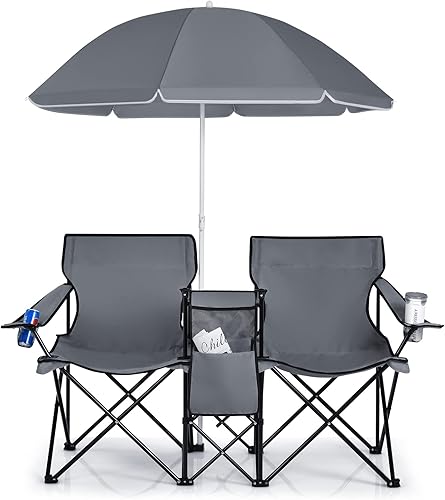 COSTWAY Set di 2 Sedie da Campeggio Pieghevoli, con Ombrellone e Tavolino Contenitore, Resistente e Leggero, Capacità 113 kg (blu) - Ysert