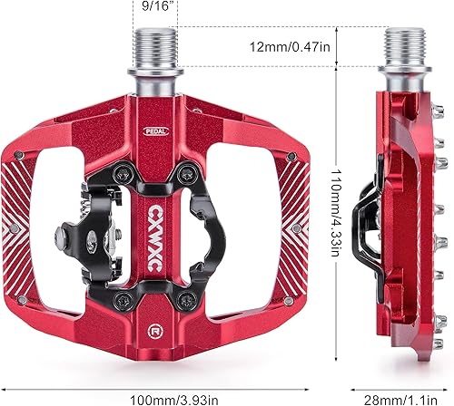 CXWXC Pedali Clic per bicicletta e piatti con 3 cuscinetti sigillati, lega di alluminio da 9/16 pollici, antiscivolo, piattaforma larga, pedali a scatto per MTB o bici da strada (rosso, M) - Ysert