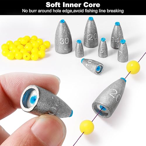 50 pesi da pesca a proiettile con anima in plastica, 100 perline, 20 girevoli, in ferro, 3,5 g, 5 g, 7 g, 10 g, 14 g, 20 g, 30 g, per pesca in acqua dolce e salata - Ysert