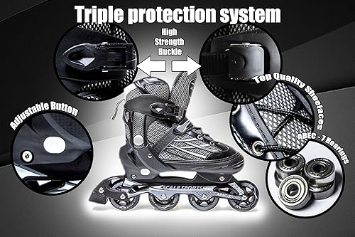 Pattini in linea regolabili per adulti e adolescenti XL (41-44) UK 7.5-9.5 - Stivali a rotelle neri unisex per uomini, donne, ragazzi e ragazze - Ysert