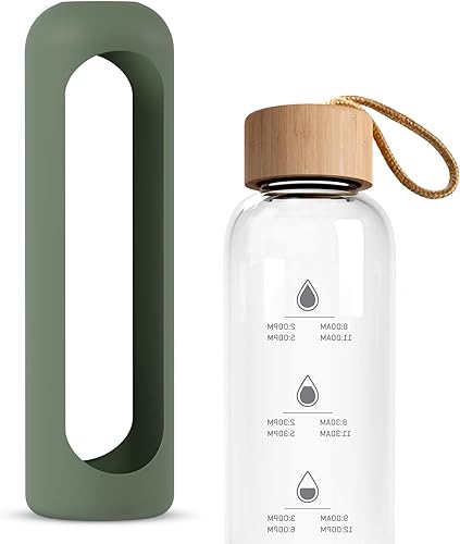 Wessper Borraccia in Vetro con Manicotto in Silicone, Bottiglia d'acqua con Indicatori di Tempo, in vetro Borosilicato Trasparente, per Monitorare l'assunzione Giornaliera di Acqua 0,5 L – Oliva - Ysert
