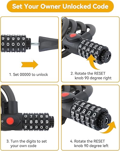Frinier Lucchetto Bicicletta Antifurto con Combinazione e Chiavi e 120cm/12mm Antifurto Bicicletta Elettrica Alta Sicurezza Lucchetto Bici Combinazione Con Luce Notturna per Bici Moto Triciclo Scooter - Ysert