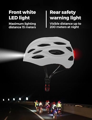 Casco da Bici e Monopattino con Spia Rossa + Luce Anteriore Bianca. Casco MTB, Bicicletta, Scooter; Leggero con fodera staccabile, Guscio in PC + EPS, 14 Prese d'aria e Cavo di ricarica USB. - Ysert