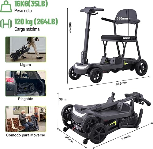 TODIMART YL-219 Scooter Elettrico 4 Ruote, Scooter Disabili e Pieghevole per Adulti, Leggero, Pieghevole, per Anziani con Batteria Rimovibile, Fari a LED e Fanale posteriore - Ysert