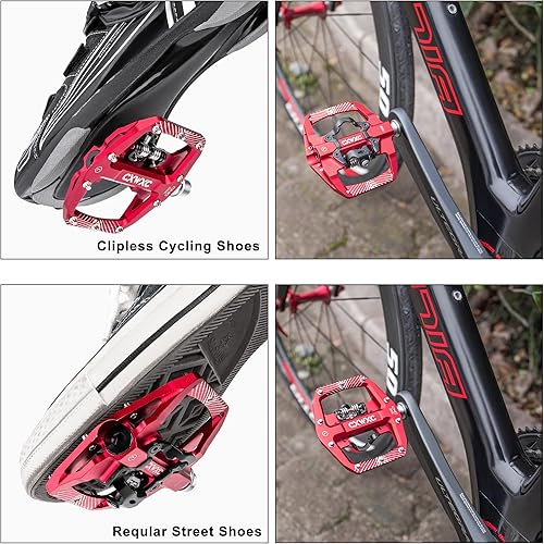 CXWXC Pedali Clic per bicicletta e piatti con 3 cuscinetti sigillati, lega di alluminio da 9/16 pollici, antiscivolo, piattaforma larga, pedali a scatto per MTB o bici da strada (rosso, M) - Ysert