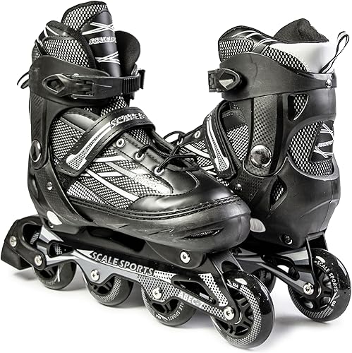 Pattini in linea regolabili per adulti e adolescenti XL (41-44) UK 7.5-9.5 - Stivali a rotelle neri unisex per uomini, donne, ragazzi e ragazze - Ysert
