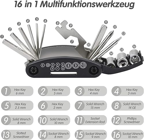 Kit di riparazione per bicicletta, 16 in 1, strumento di riparazione per biciclette, strumento multiuso, kit di riparazione pneumatici per biciclette, con borsa per adesivi per bicicletta e - Ysert
