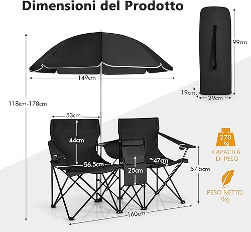 COSTWAY Set di 2 Sedie da Campeggio Pieghevoli, con Ombrellone e Tavolino Contenitore, Resistente e Leggero, Capacità 113 kg (blu) - Ysert