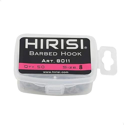 Hirisi 8011 - 50 ami da pesca da 2 a 10, con ardiglione, ganci per carpa con occhiello per la pesca alla carpa, in acciaio al carbonio, per boilie, diverse misure, confezione da 1 (50 pezzi) - Ysert