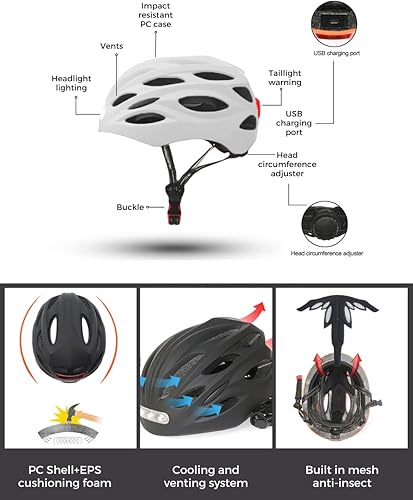 Casco da Bici e Monopattino con Spia Rossa + Luce Anteriore Bianca. Casco MTB, Bicicletta, Scooter; Leggero con fodera staccabile, Guscio in PC + EPS, 14 Prese d'aria e Cavo di ricarica USB. - Ysert