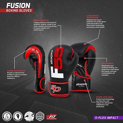 Starpro Guanti Boxe Professionali in Pelle Cronos Sintetica Premium. Guantoni Allenamento Donna e Uomo per Sparring, Muay Thai, Kickboxing, Fitness, Pugilato - Nero& Rosso - 10oz 12oz 14oz 16oz - Ysert