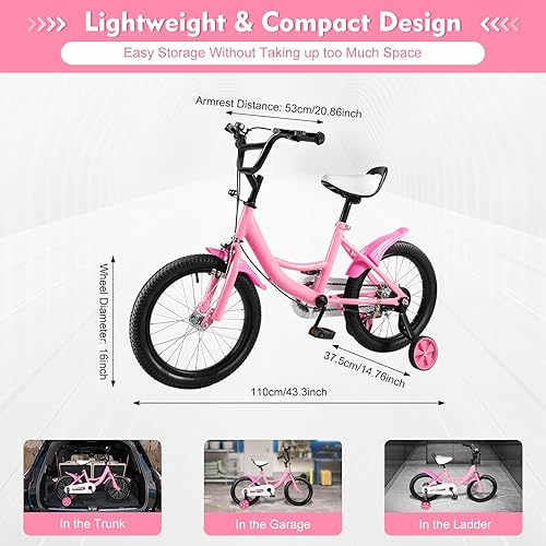 16 Pollici Bici per Bambino,Bicicletta Rosa con Ruota Ausiliare,Freno a Mano e Retropedale, 5-8 Anni Bambini Biciclette - Ysert