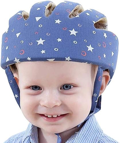 IULONEE Casco da Bambino Infantili Cappello di Testa di Cotone Cappello del Bambino Baby Helmet Regolabile di Sicurezza Casco Neonati (Stellato Blu) - Ysert