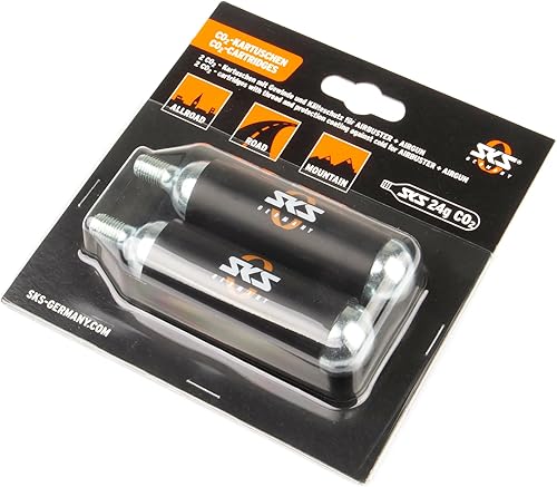 SKS Germany CO2 CARTRIDGES 24 G MIT GEWINDE 2ER-SET Cartucce d'aria, accessori (gonfiaggio fulmineo, adatto a pneumatici MTB, bici da strada o trekking, incl. filo e protezione dal freddo), nero - Ysert
