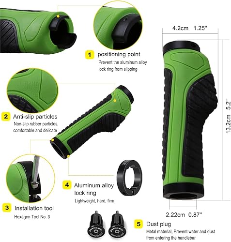 Manopole Manubrio Bici, Impugnatura per Bicicletta Ergonomiche, Impugnature MTB Antiscivolo in Gomma con Doppio Chiusura in Alluminio - Ysert