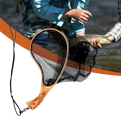 Rete da pesca a mosca, Guadino da pesca - Rete da trota per attrezzi da pesca - Guadino per pesci con manico in legno, attrezzatura da pesca per laghetto, rete per spigole sicura per i pesci, - Ysert