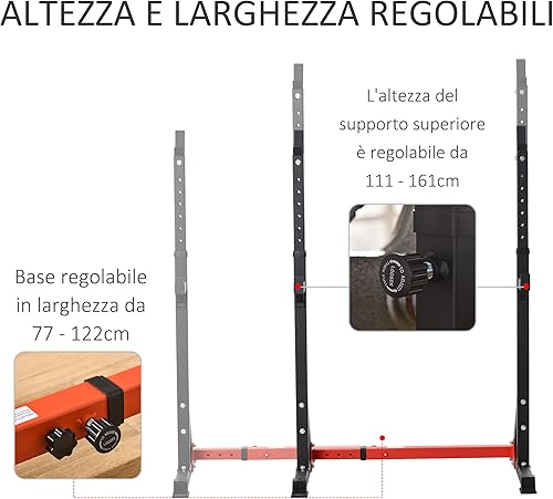 HOMCOM Supporto per Bilanciere con Altezza e Larghezza Regolabili in Acciaio, 77-122x73x121-171cm, Nero e Rosso - Ysert