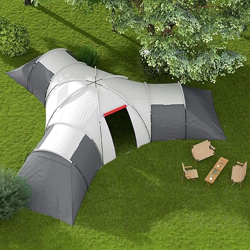 Outsunny Tenda Campeggio 6 Posti in Tessuto Oxford, Fibra di Vetro e Acciaio, Tenda da campeggio con 3 Aree Notte, Soggiorno e Portico, Grigio - Ysert