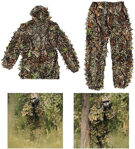 Abito Mimetico all'aperto Abito Mimetico Foglie 3D Abbigliamento con Cappuccio Tops da Esterno Pantaloni Poncho per Birdwatching della Giungla - Ysert